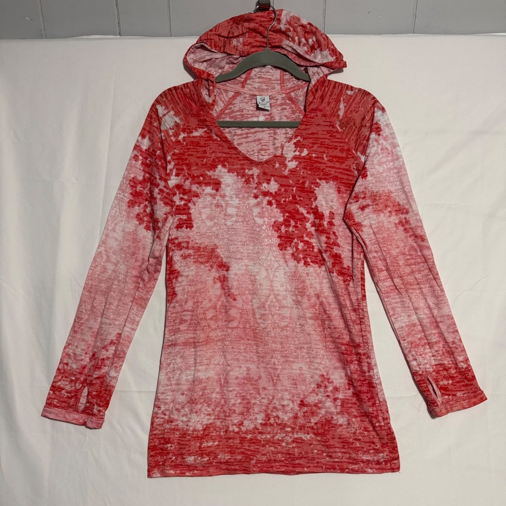 Kuhl Womens Red White Burnout Damask Hoodie V-Neck Thumbholes Made in USA Medium